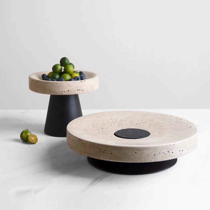 Marble Serving Board - Bej traverten tepsi ile Metal taban